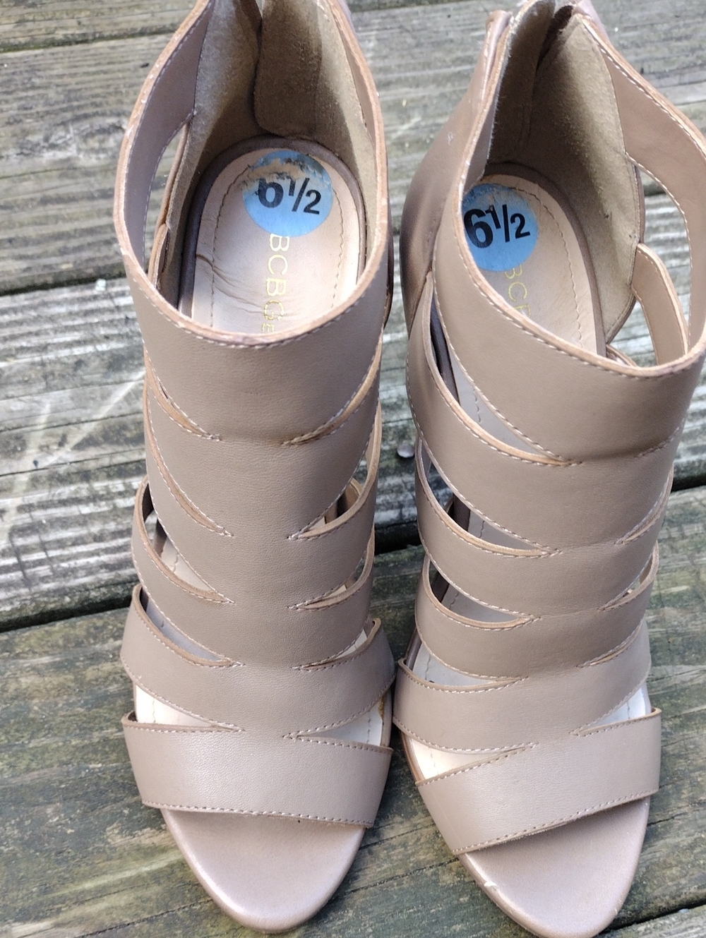 BCBGeneration Nude/Taupe Multi-Strap Open-Toe Heels